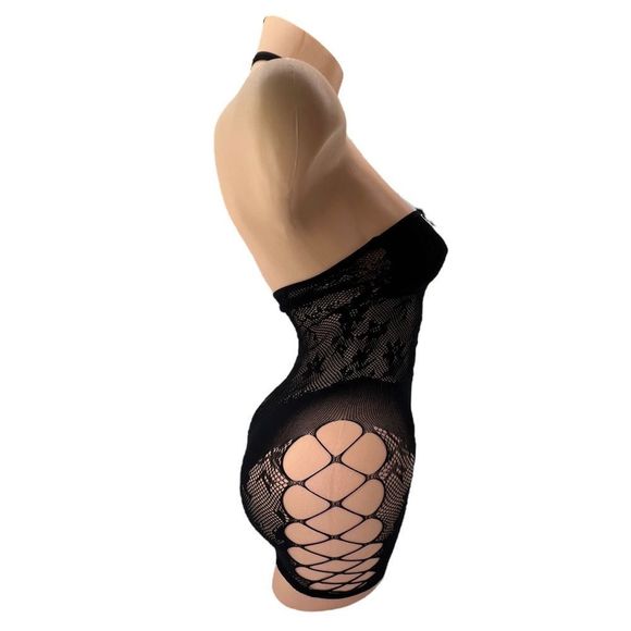 Black Cut Out Mesh Floral Fishnet Mini Dress with O-Ring Choker Detail - Picture 6 of 7